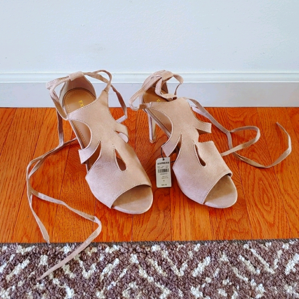 Express Lace Up Ankle Wrap Peep Toe Suede Heels 6